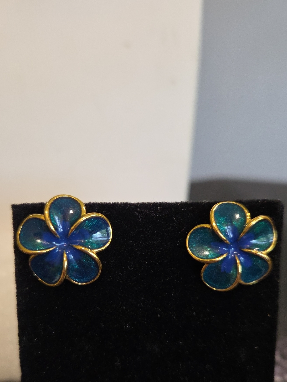 RDH Gold-Trim Blue Green Enamel Flower Stud Earrings